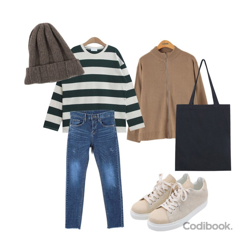 Reine 코프 터틀넥 집업 가디건,TODAY ME 네티 단가라 티,LOOK CHIC slim loll-up denim pants (2 color)등을 매치한 코디