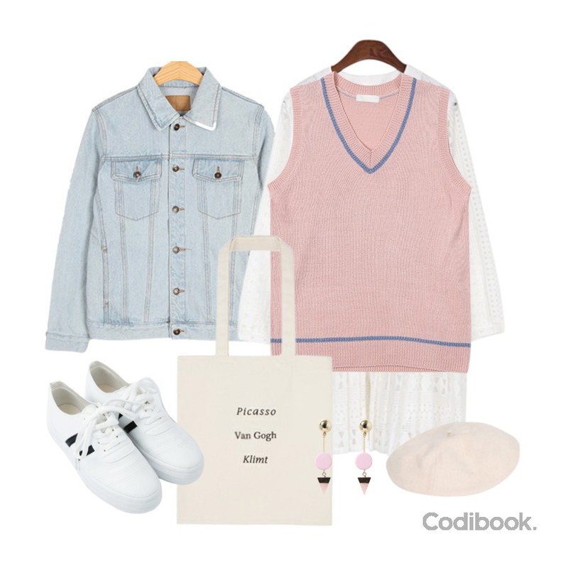 BULLANG GIRL 베이직스퀘어 청자켓,BANHALA [뮤즈 PICK] 앤젤 원피스,TWEE Line point v-neck knit vest등을 매치한 코디