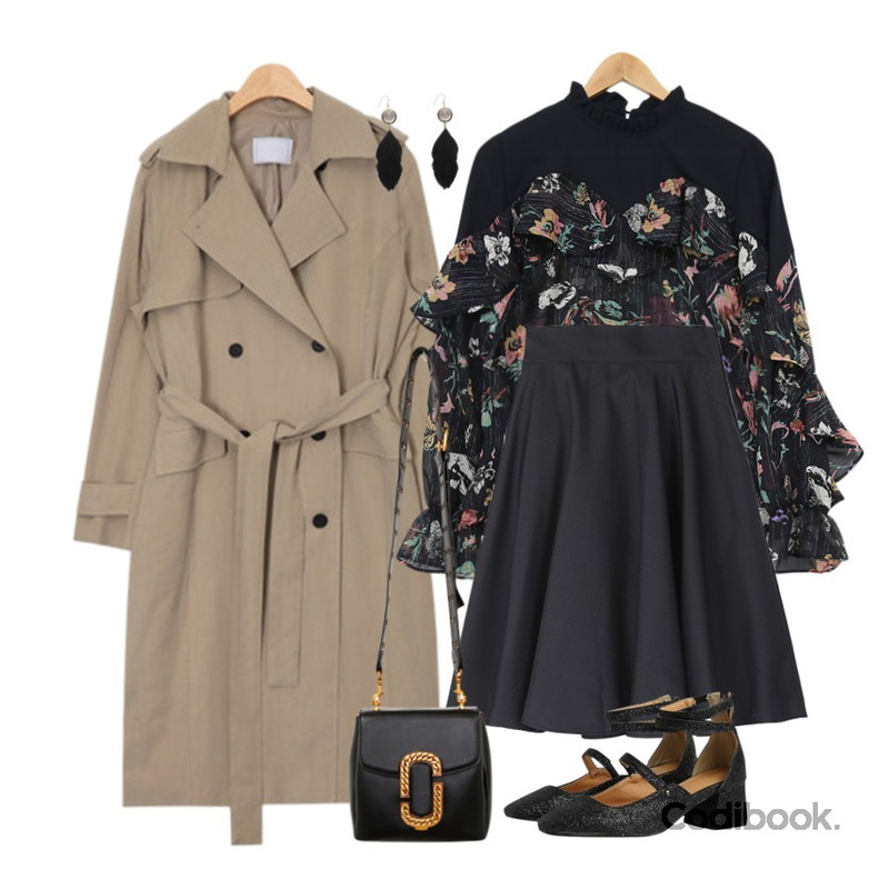 AIN french mood trench coat (2 colors),TWEE Flare banding midi skirt,PSYCHOSHOP 프릴샤인 블라우스 (2colors)등을 매치한 코디