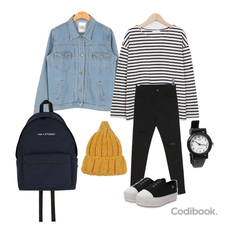 BULLANG GIRL 클라라데님JK,BULLANG GIRL 오픈절개스키니P,From Beginning Much stripe basic T_S (size : free)등을 매치한 코디