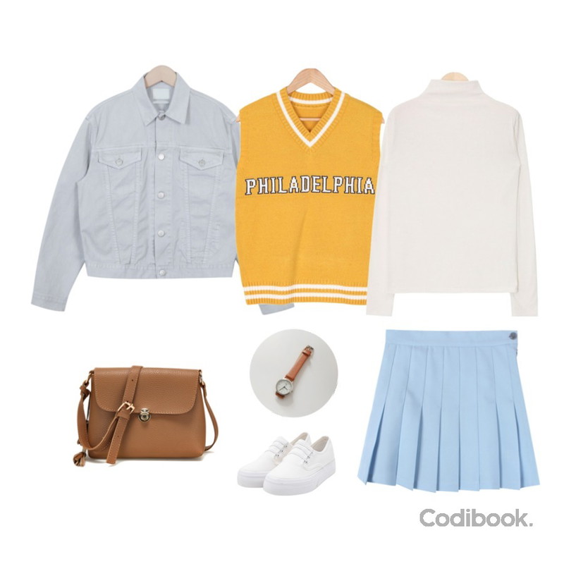 From Beginning Vintage color cotton jacket_P (size : free),AIN neck point span polar T (5 colors),BULLANG GIRL 필라델피아니트조끼등을 매치한 코디