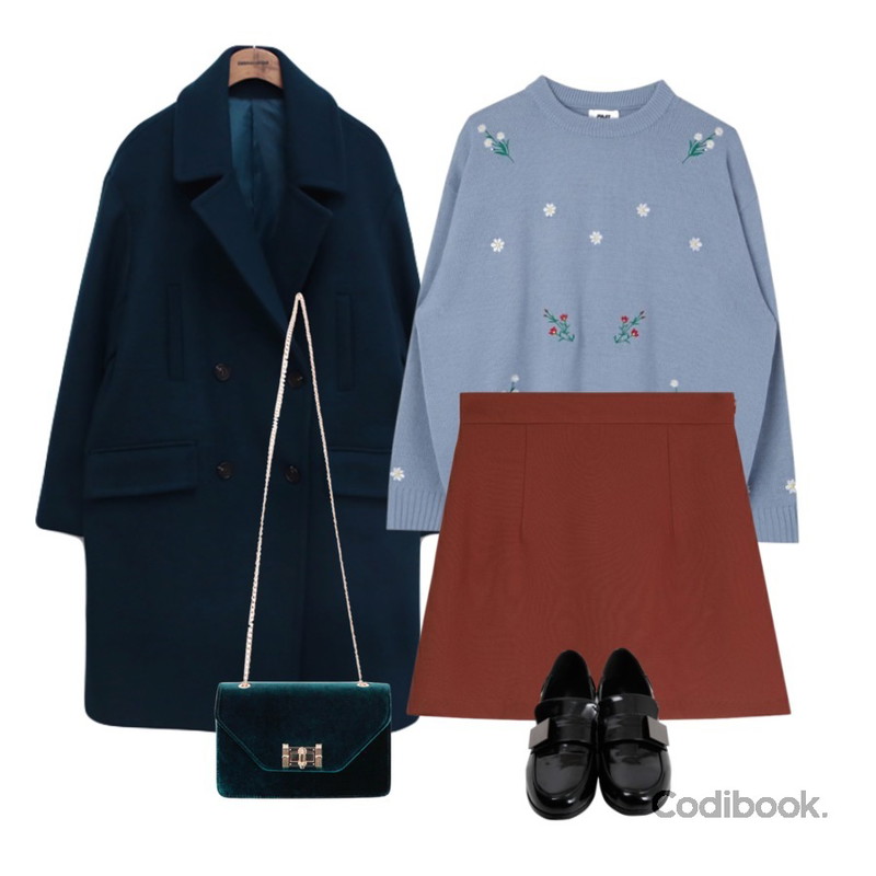 common unique [OUTER] COIN DOUBLE COAT,MIXXMIX 라인 베이직 스커트라인 베이직 뷔스티에세트,MIXXMIX 플라워 자수 니트등을 매치한 코디