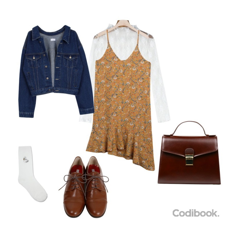 biznshoe Denim short jacket,GIRLS RULE 몰디브 원피스 (ops389),daily monday Layered flower see-through tee등을 매치한 코디