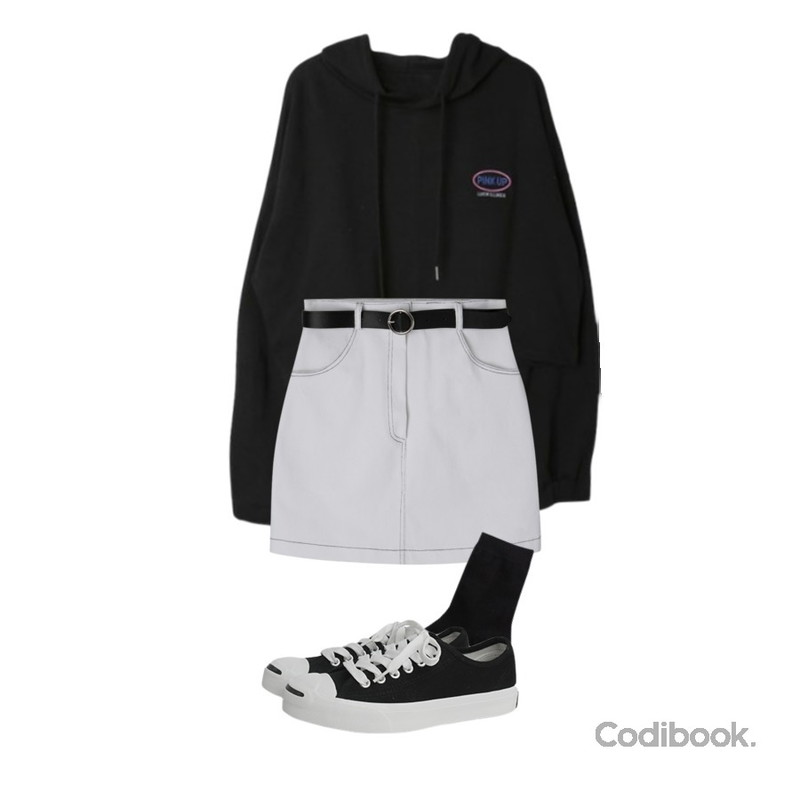 biznshoe Basic color socks (7color),DORA 크롭핑업후드T,MIXXMIX 데이렌 벨트 스커트등을 매치한 코디