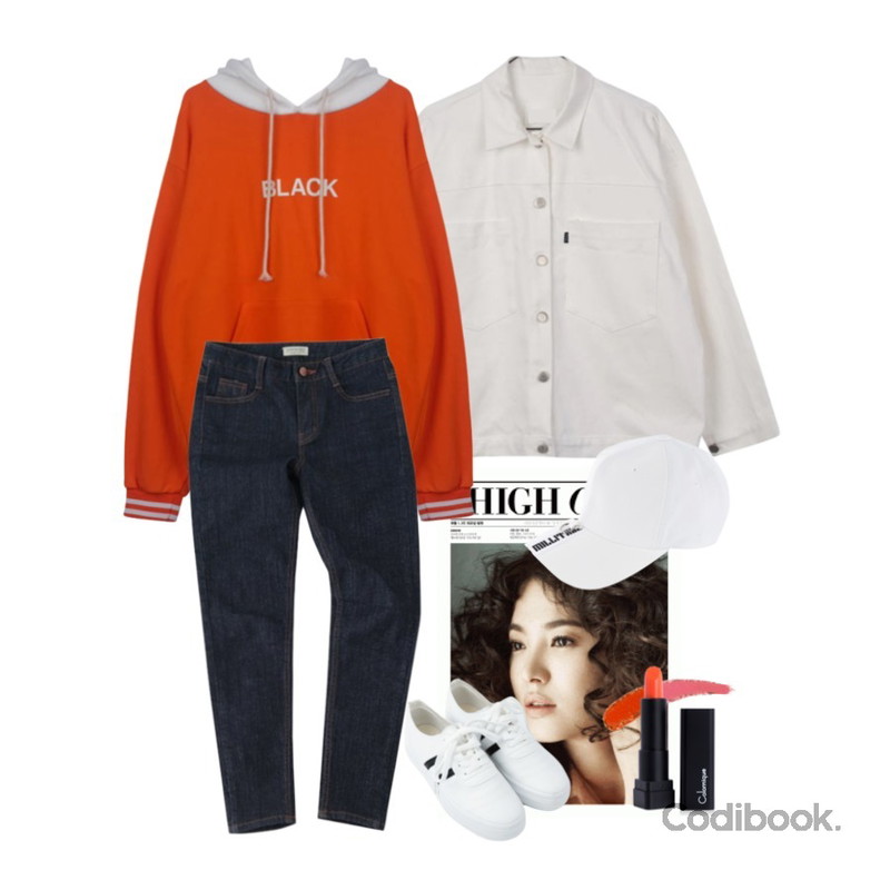 하이컷(HIGH CUT),GIRLS RULE 유니크 코튼 자켓 (jk465),GIRLS RULE 배색 후드티 (t2523)등을 매치한 코디