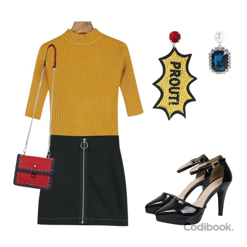 daily monday Slim half-neck knit블랙 03/15 입고예정-순차적발송,Monobabie [RP1623M] 에르닌10cm,LOOK CHIC o ring skirts (2 color)등을 매치한 코디