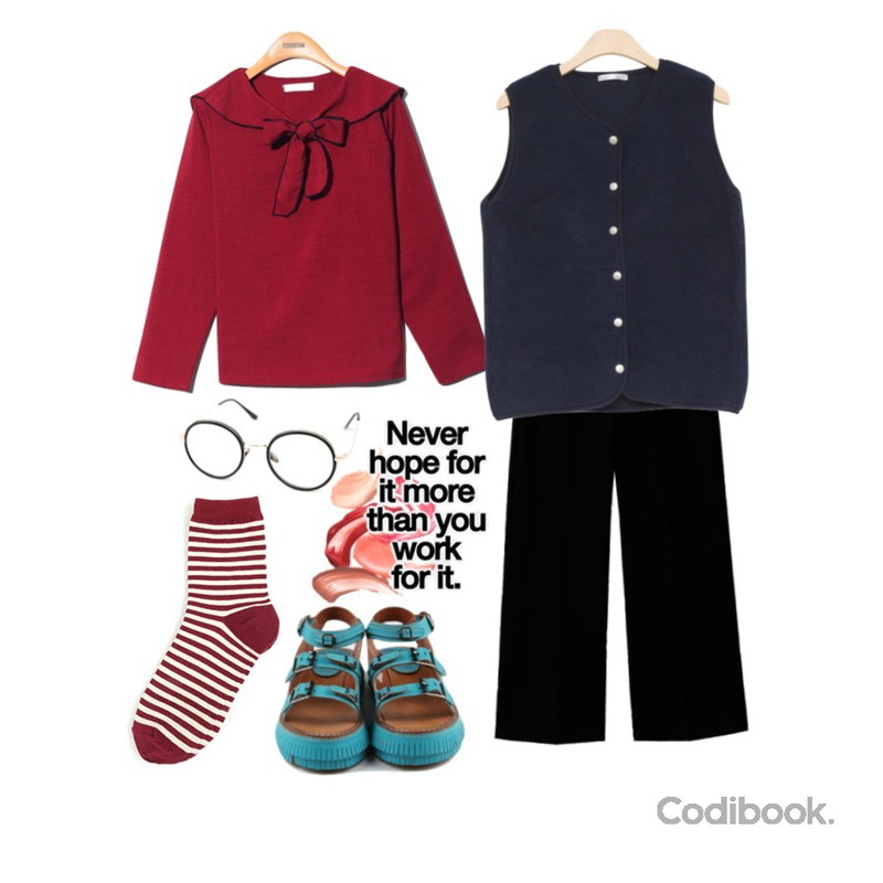 ss,Reine Juan Ribbon Blouse,AIN winter 8-length wool slacks (4 colors)등을 매치한 코디