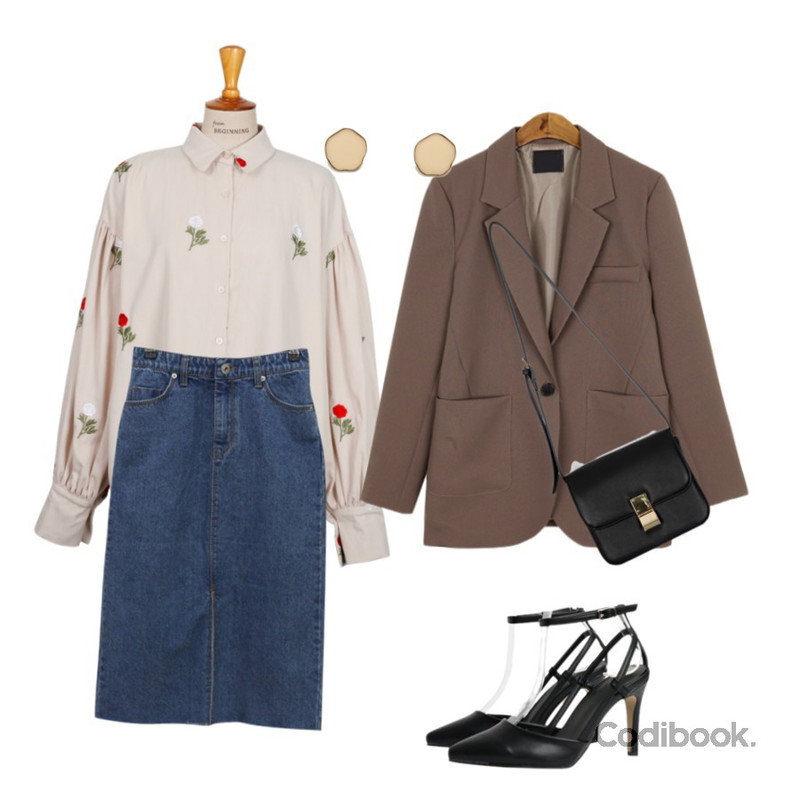 MIND ME 데님 트임 밴딩스커트 (2color),From Beginning Bloom needle balloon shirts_H (size : free),BANHALA [뮤즈 PICK] 매니쉬 자켓등을 매치한 코디