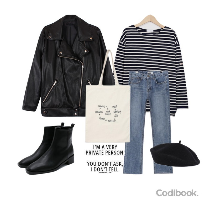 biznshoe Boxy rider jacket ,daily monday Angular ankle boots,From Beginning Much stripe basic T_S (size : free)등을 매치한 코디