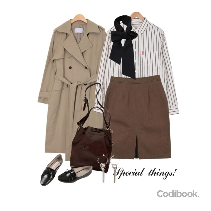 AIN french mood trench coat (2 colors),BULLANG GIRL 빙고오버핏단가라셔츠★남녀공용★,LOOK CHIC cotton slit skirts (2 color)등을 매치한 코디