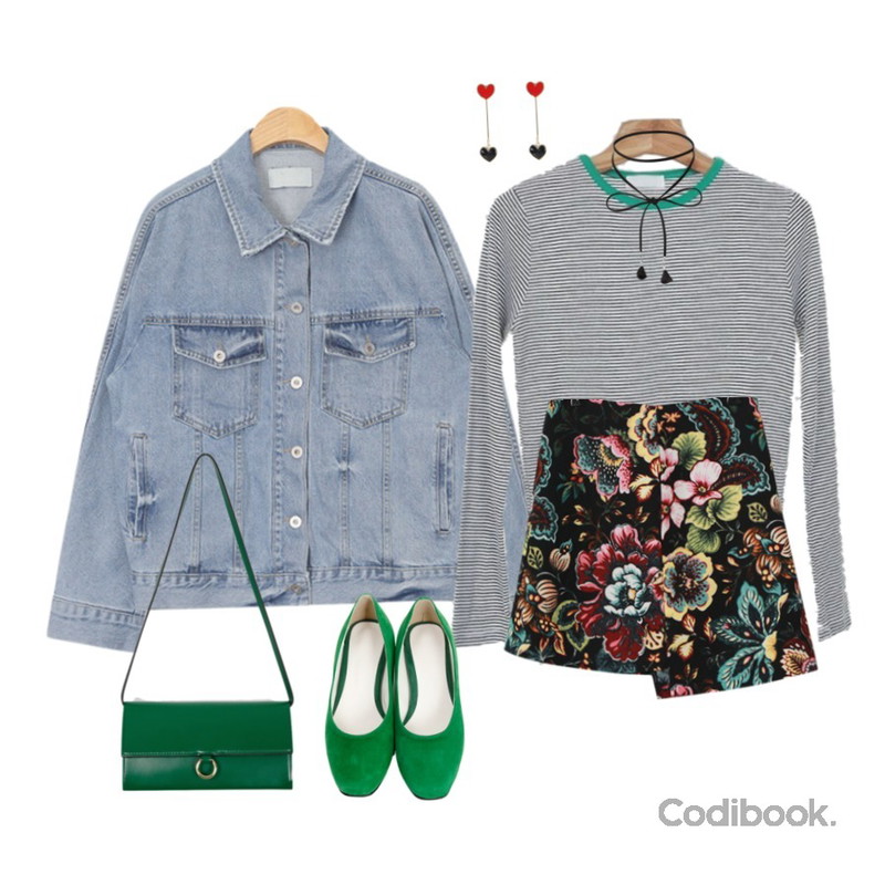 AIN raglan shoulder denim jacket (2 colors),Zemma World Play-스트라이프티,ARRIBISTA 픽미SK등을 매치한 코디