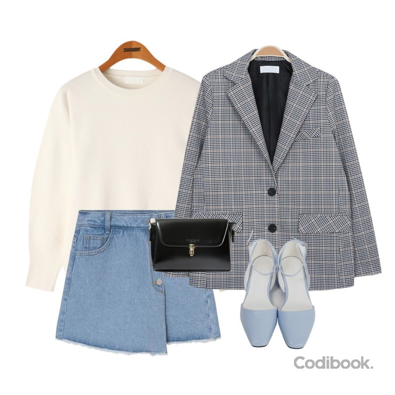 myblin 투버튼 체크 자켓,Reine 마티니 소프트 벌룬 니트,MIXXMIX SEEK Denim Wrap Skirt Pants등을 매치한 코디
