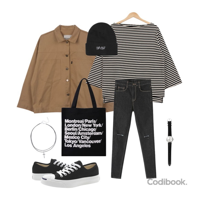biznshoe Off-shoulder stripe tee (2color),Reine 메이비 스키니 데님 팬츠,GIRLS RULE 유니크 코튼 자켓 (jk465)등을 매치한 코디