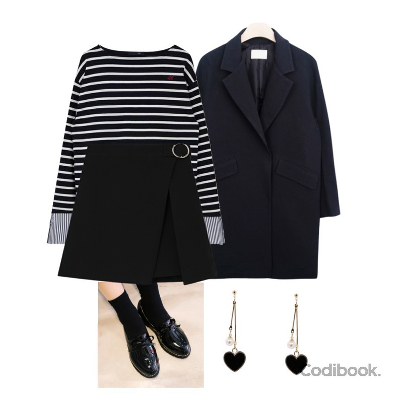 BANHALA 아프론 로퍼,GIRLS RULE 스냅 스프링 코트 (jk462),MIXXMIX SEEK Stripe Cuffs T-shirts등을 매치한 코디