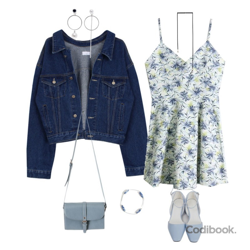 biznshoe Denim short jacket,From Beginning Angle toe mary-jane shoes_S (size : 225,230,235,240,245,250),SOMEDAYS 알로하 뷔스티에 원피스(2color)등을 매치한 코디
