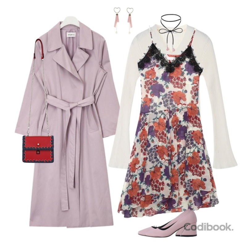 TWEE Tension v-neck tee,AIN FRESH A basic trench coat (4 colors),PSYCHOSHOP 로지레이어 원피스 (2colors)등을 매치한 코디