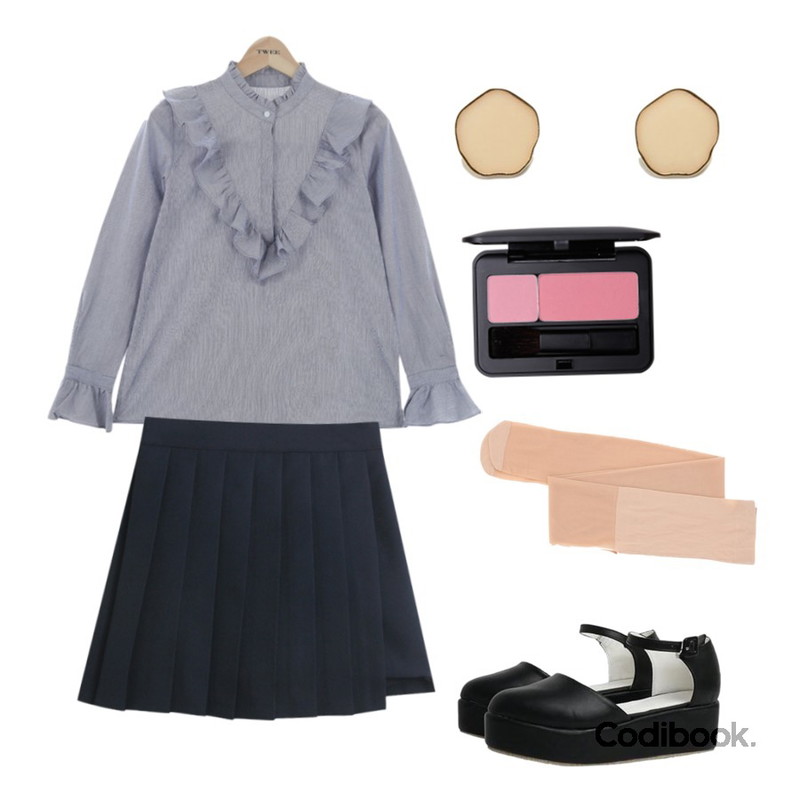 TODAY ME 발렌 스커트,TWEE Frill point stripe cotton blouse,Monobabie [RP1671] 미켈론5cm등을 매치한 코디