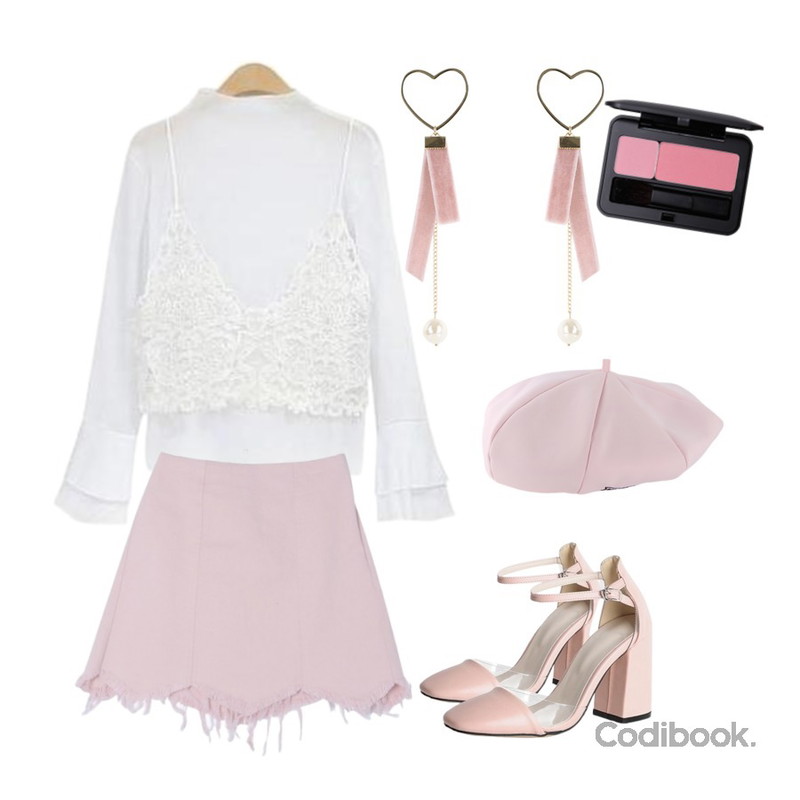 TWEE Heart velvet ribbon drop earring,DORA 러프코튼SK,NEW NEED NOW 레이스 뷔스티에SET(2color)등을 매치한 코디