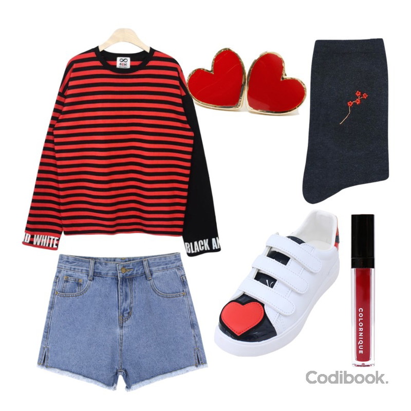 biznshoe Slit cutting denim shorts (2color),LOVELY SHOES 러브타임 벨크로 키높이 스니커즈 (5cm),GIRLS RULE 단가라 자수 맨투맨 (t2646)등을 매치한 코디