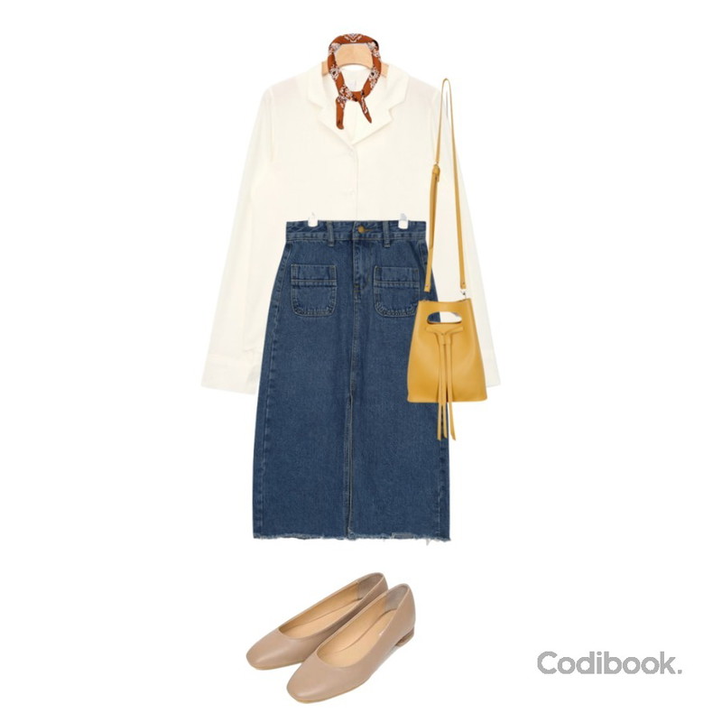 AIN pocket long denim skirt (2 colors),AIN V-collar silky blouse (3 colors),daily monday Paisley pattern bandana등을 매치한 코디