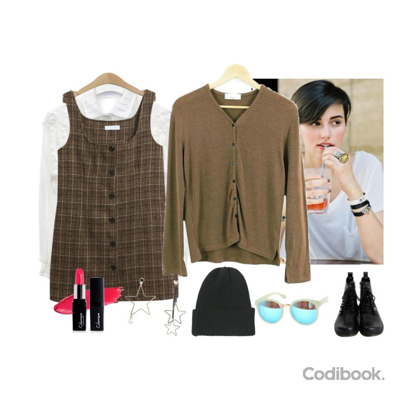 -,TODAY ME 벙크 체크 원피스,PSYCHOSHOP 웨이브 블라우스 (3colors)등을 매치한 코디