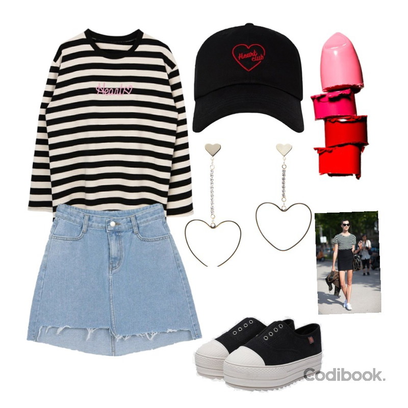 MIXXMIX Heart club 16SC Heart simple cap(Black),MIXXMIX 러버 단가라 티셔츠,Zemma World Seller-데님스커트등을 매치한 코디