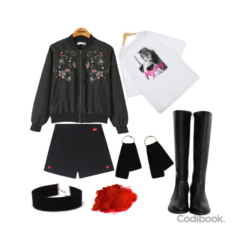 MIXXMIX Heart club 16SC Heart point slit shorts(Black),PSYCHOSHOP 마이웨이 박스티 (3colors),Reine 로엔 빈티지 스타디움 자켓등을 매치한 코디
