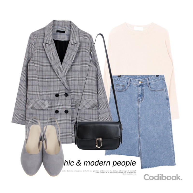 biznshoe Classic check jacket (3color),MIXXMIX 루즈걸 티셔츠,From Beginning End unbal denim skirt_S (size : S,M,L)등을 매치한 코디