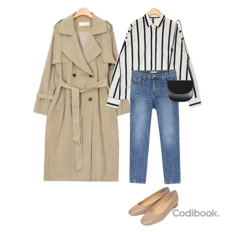 AIN big stripe boxy fit shirts (2 colors),daily monday Front line point denim,AIN spring side slit trench coat (2 colors)등을 매치한 코디