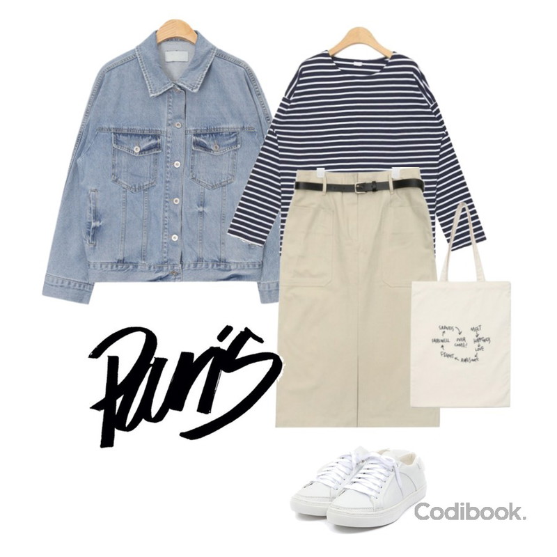 AIN belt set cotton midi skirt (2 colors),AIN raglan shoulder denim jacket (2 colors),AIN casual stripe boxy fit T (2 colors)등을 매치한 코디