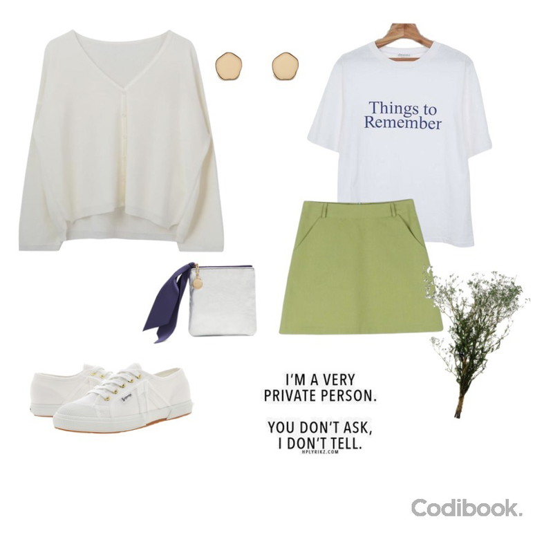 daily monday Spring color a-line skirt,MIXXMIX 심플 브이 가디건,Zemma World (ZEM.made) Remember-프린팅티셔츠등을 매치한 코디