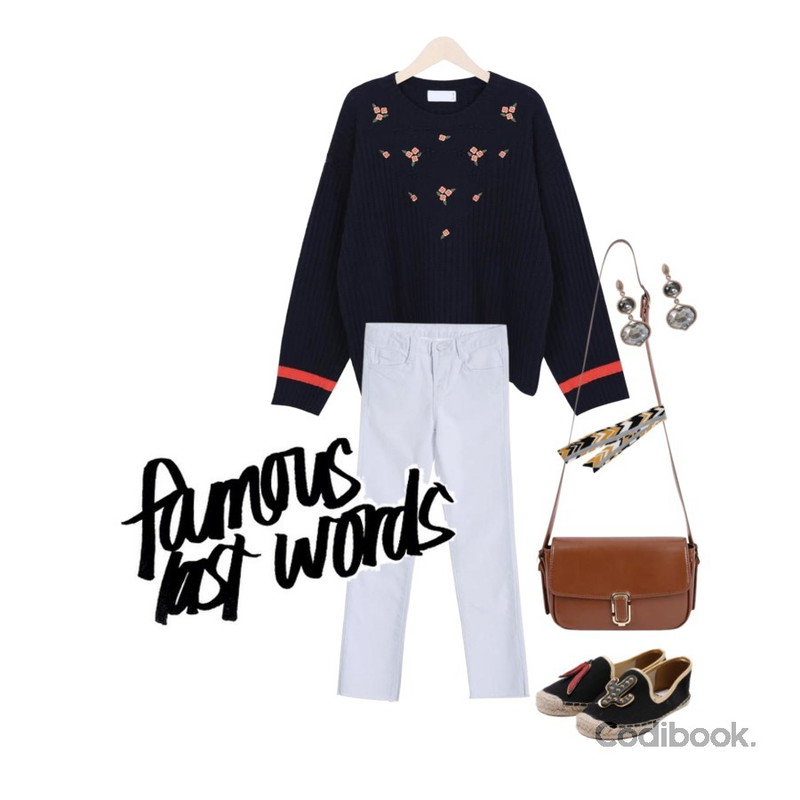 TWEE 518-16선인장,myblin 꽃자수 다이아 패턴 니트,TWEE Natural cutting basic pants등을 매치한 코디