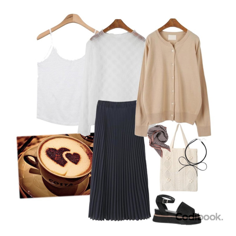 cocoa latte,AIN deep round linen sleeveless (5 colors),MINIBBONG 꽃잎 레이스 티셔츠등을 매치한 코디