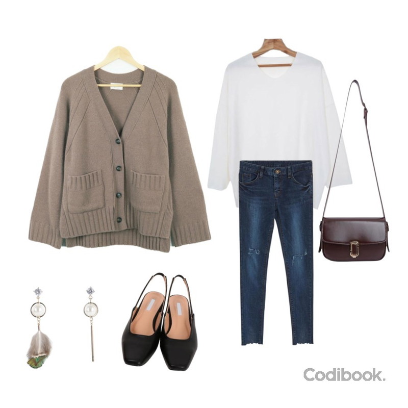 LOOK CHIC basic y cardigan (4 color),TWEE Vintage washing slim denim pants,Zemma World Mild-루즈티셔츠등을 매치한 코디
