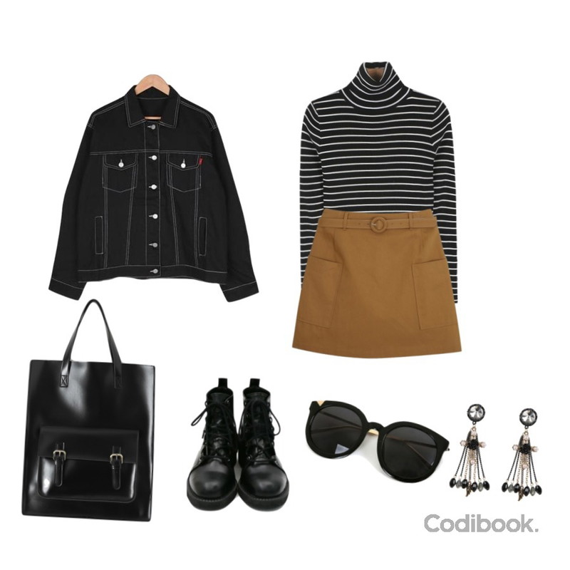 myblin 벨티드 빅포켓 스커트,daily monday Stripe slim golgi pola tee,BULLANG GIRL 리턴스티치카라자켓(4/12일 입고예정)등을 매치한 코디