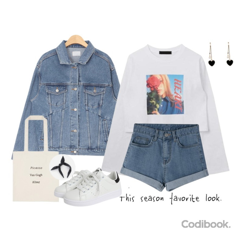 TWEE 드롭하트 earring,AIN dart boxy fit denim jacket (2 colors),MIXXMIX 키스마이 크롭 티셔츠등을 매치한 코디