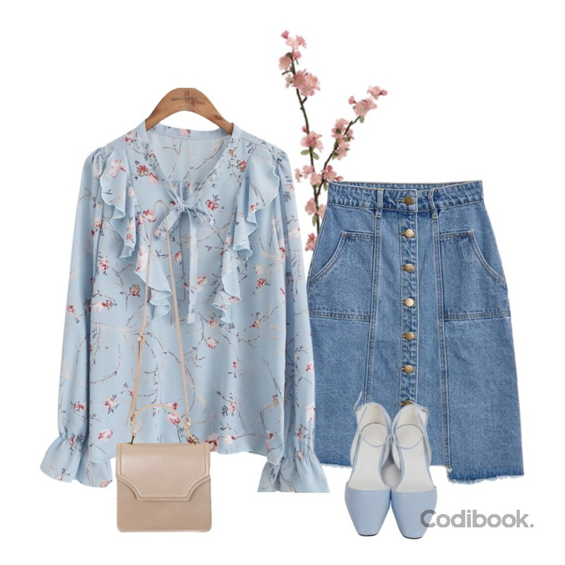 Untitled,common unique [TOP] FLORAL SHIRRING 4 COLOR BLOUSE,TWEE Vintage cutting button denim skirt등을 매치한 코디