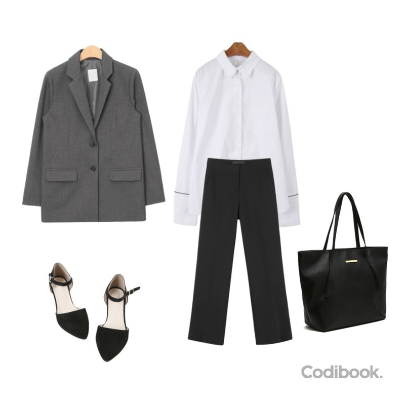 AIN marant 2-button jacket (2 colors),daily monday Simple boots-cut color slacks,MINIBBONG 종이배 코튼셔츠등을 매치한 코디