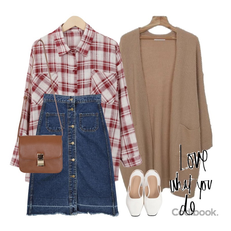 From Beginning Gauze check shirts_K (size : free),Zemma World Waffle-롱가디건,PSYCHOSHOP 미니포켓 데님스커트등을 매치한 코디