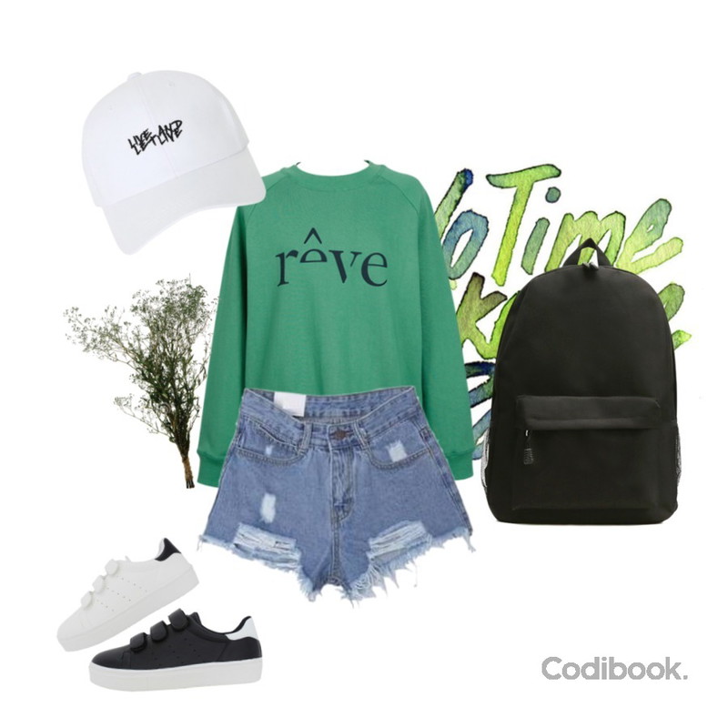 no time,From Beginning Reve raglan mtm_H (size : free),DORA 구제데님숏P등을 매치한 코디