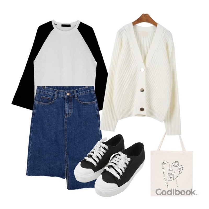 From Beginning End unbal denim skirt_S (size : S,M,L),MINIBBONG 윌슨 운동화,MIXXMIX 래글런 롱슬리브 티셔츠등을 매치한 코디