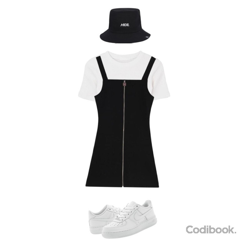 MIXXMIX 이디 크롭 티셔츠,MIXXMIX HIDE Point Bucket Hat,MIXXMIX HIDE Span Zipper Choker Dress등을 매치한 코디