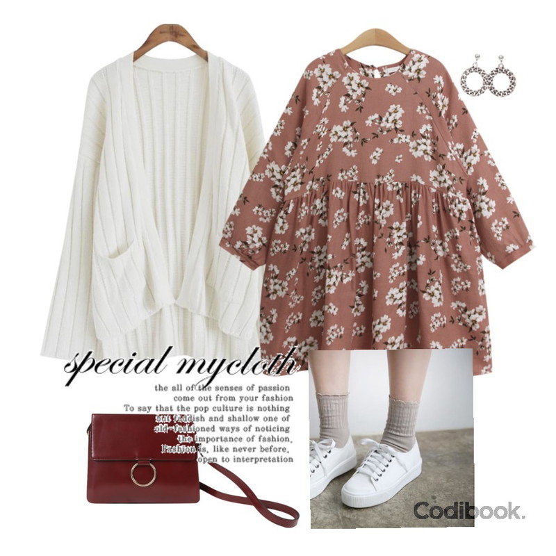 NEW NEED NOW 포인트 스니커즈(3color),TODAY ME 로블리 플라워 원피스,common unique [OUTER] GOLGI SLIT OPEN CARDIGAN등을 매치한 코디