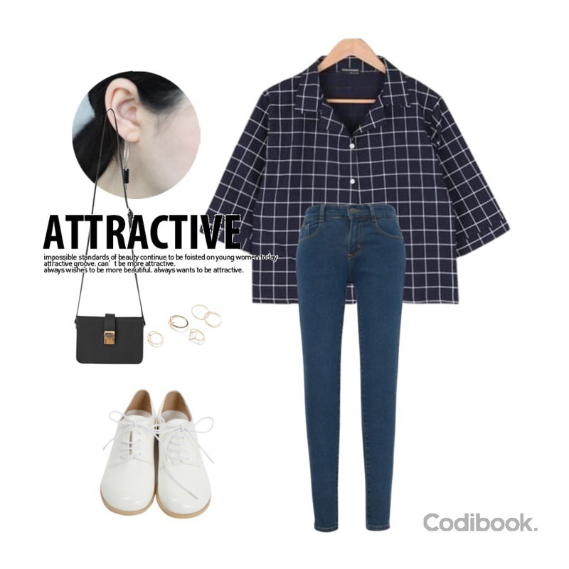 daily monday 2 bar round earring,MIXXMIX 2988 데님스판 기모 스키니,BULLANG GIRL 사각사각체크셔츠등을 매치한 코디