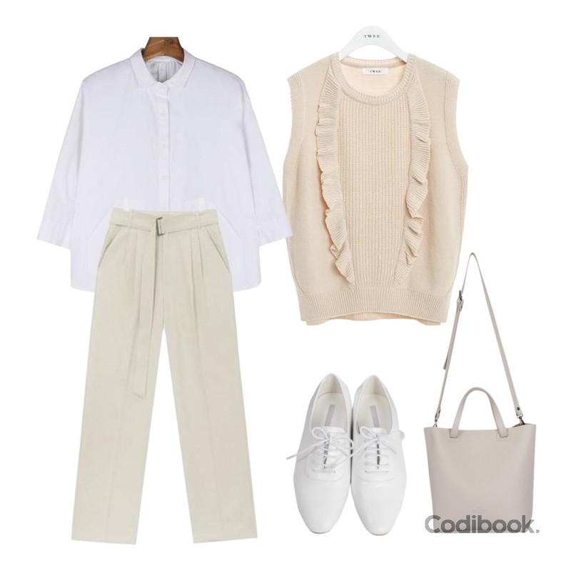 AIN tavi soft maxi wide slacks (3 colors),TWEE Frill point vest,daily monday Mini pocket cotton shirt등을 매치한 코디