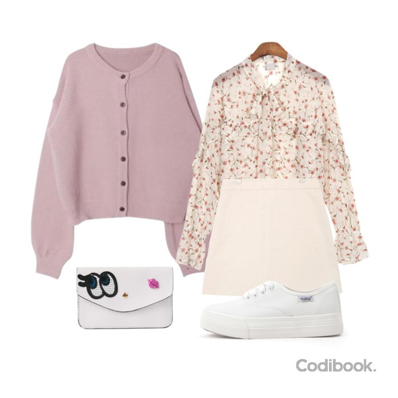 BANHALA [뮤즈 PICK] 앨리스 리본블라우스,DORA 벌룬가디건,AIN simple mini cotton skirts (3 colors)등을 매치한 코디
