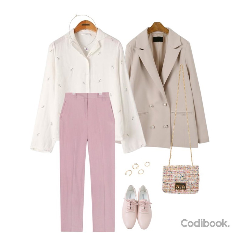 AIN howell straight long slacks (3 colors),Reine 로미 빈티지 플라워 블라우스,MINIBBONG 메인 진주자켓등을 매치한 코디