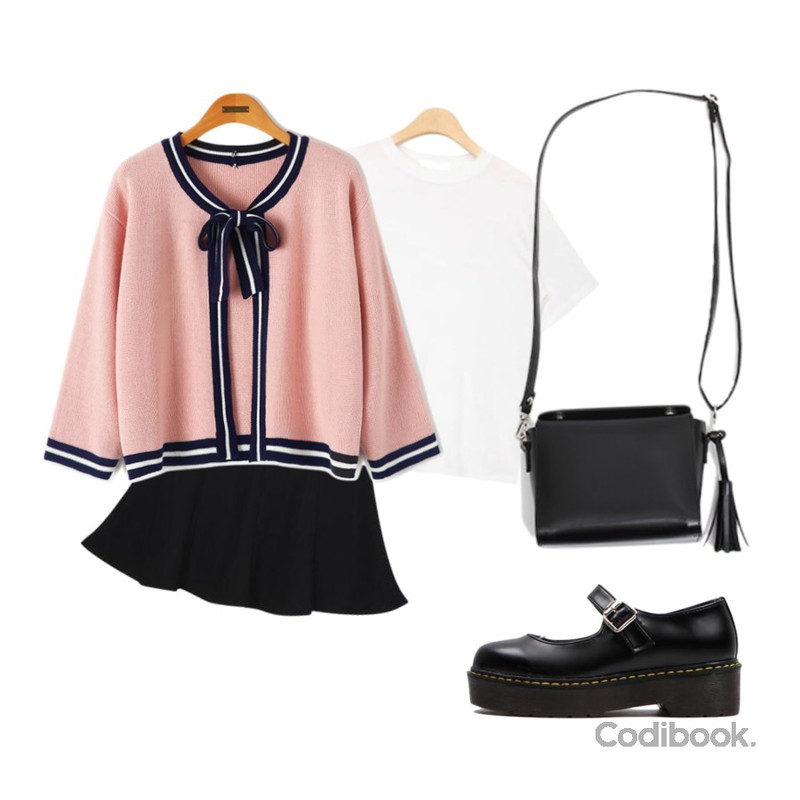 Reine [7차 재입고] 프레스텐 니트 가디건,myblin 페미닌 플레어 스커트 (5color),AIN out stitch silky touch T (4 colors)등을 매치한 코디