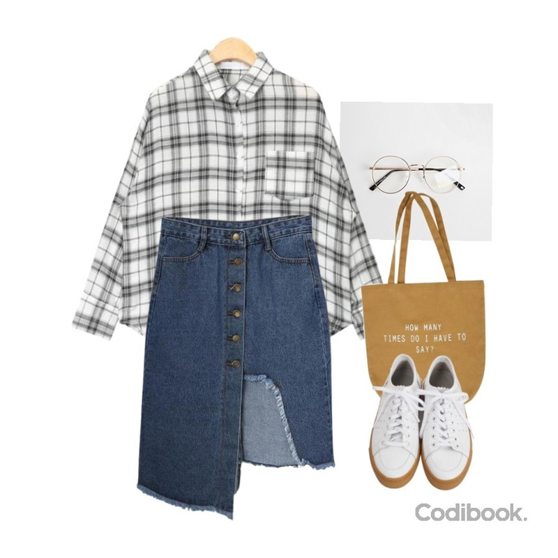 myblin 골드링안경,AIN daily check pattern pocket shirts (2 colors),MIXXMIX 언발 청 스커트등을 매치한 코디