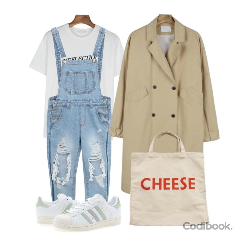 PSYCHOSHOP ,daily monday Casual sleeve point trench coat,daily monday Lettering embroidery tee등을 매치한 코디